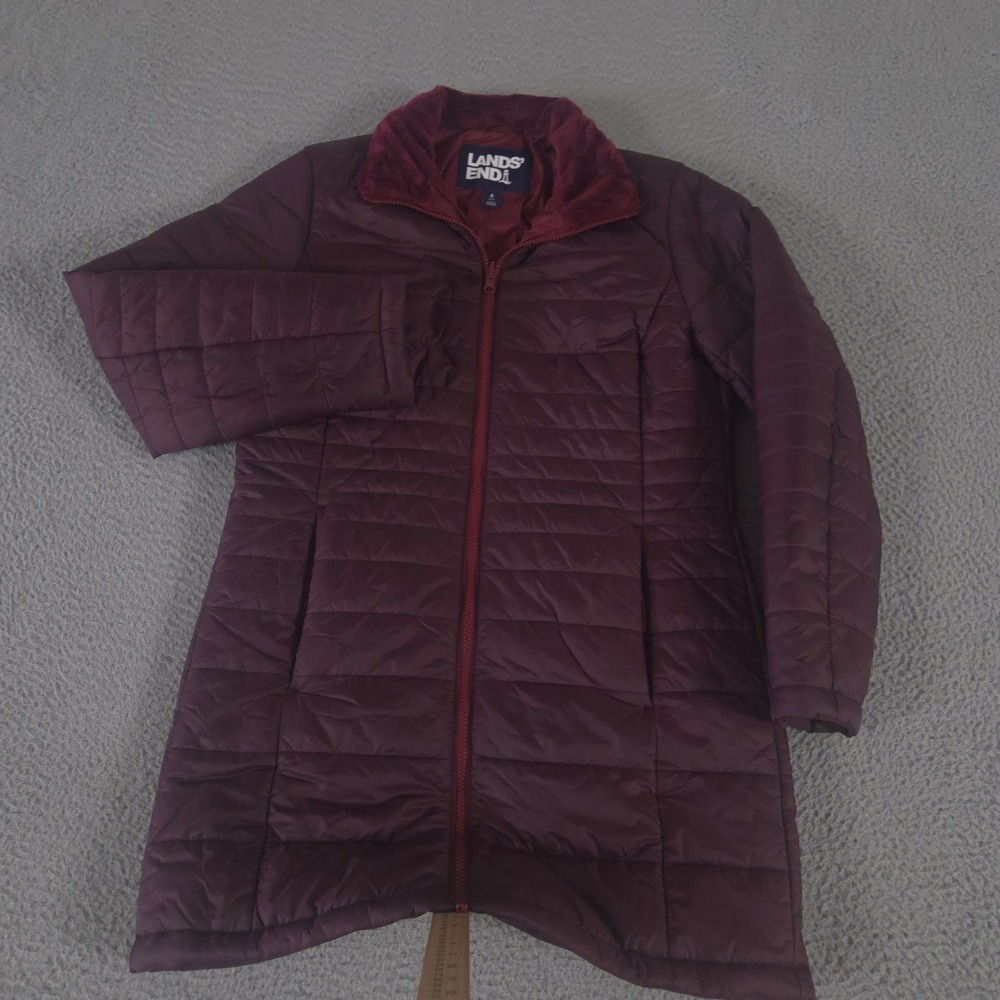 Lands End Jacket Womens Small Burgundy Quilted Puffer Faux Fur Fleece Collar Zip